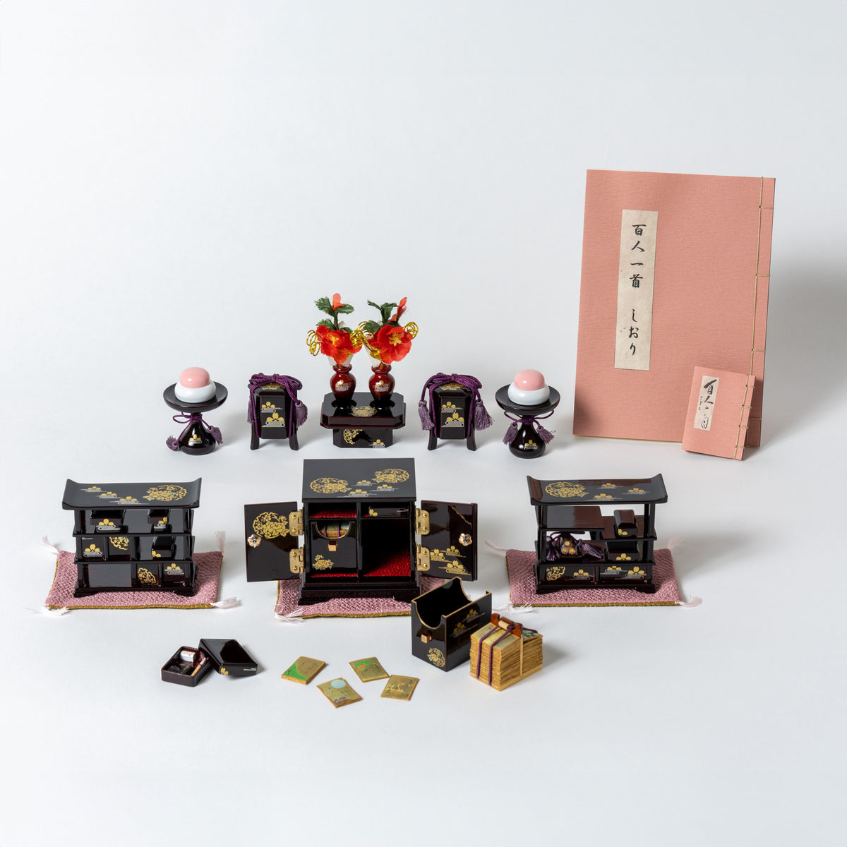 高級溜塗 雪牡丹桜6点セット 百人一首かるた 15号