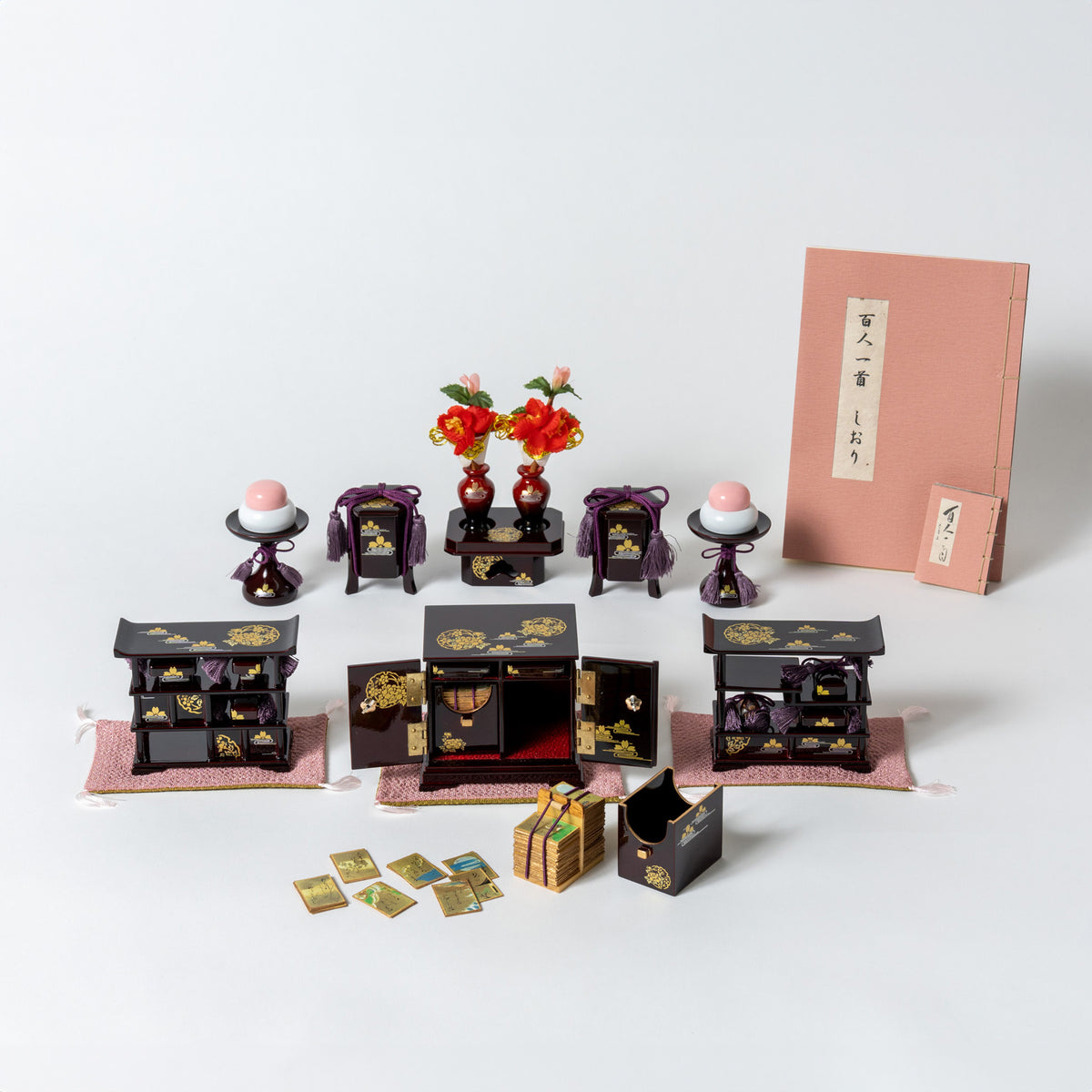 高級溜塗 雪牡丹桜6点セット 百人一首かるた 20号