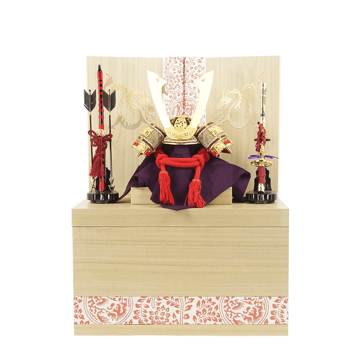 五月人形 龍丸収納飾り 白木 8号純金箔押兜