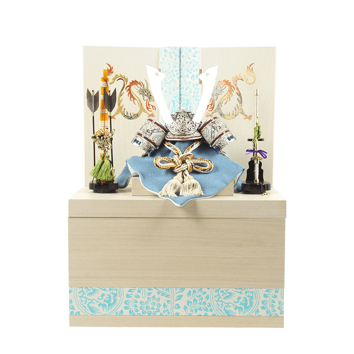 五月人形 龍丸収納飾り 白 8号プラチナ兜