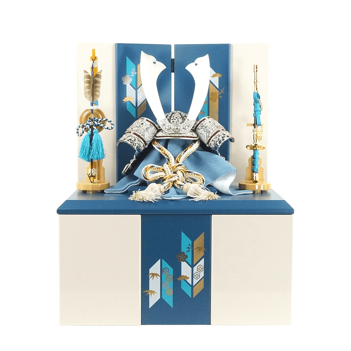 五月人形 青矢収納飾り 白 10号プラチナ兜