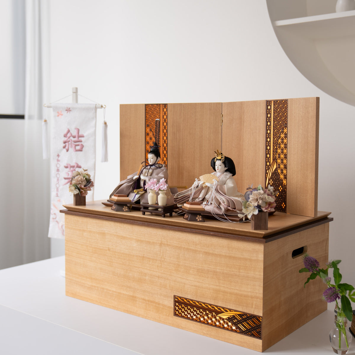 雛人形 煌彩収納飾り ナチュラル ライトグレー刺繍 平安道翠