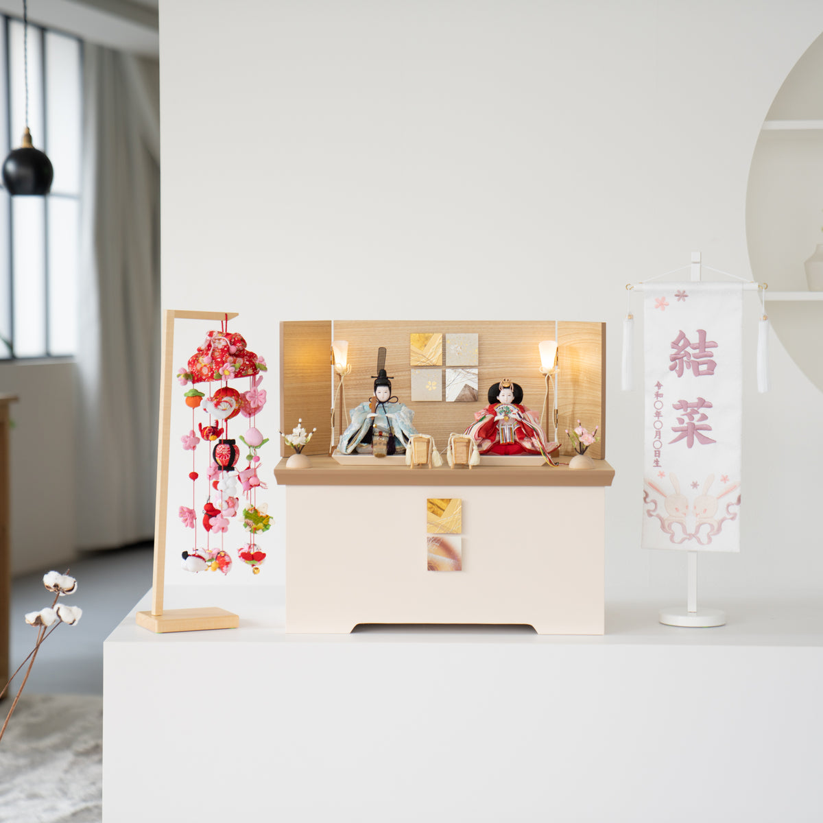 雛人形 胡白収納飾り 白 水色