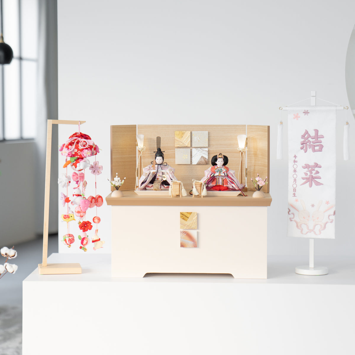 雛人形 胡白収納飾り 白 桃色