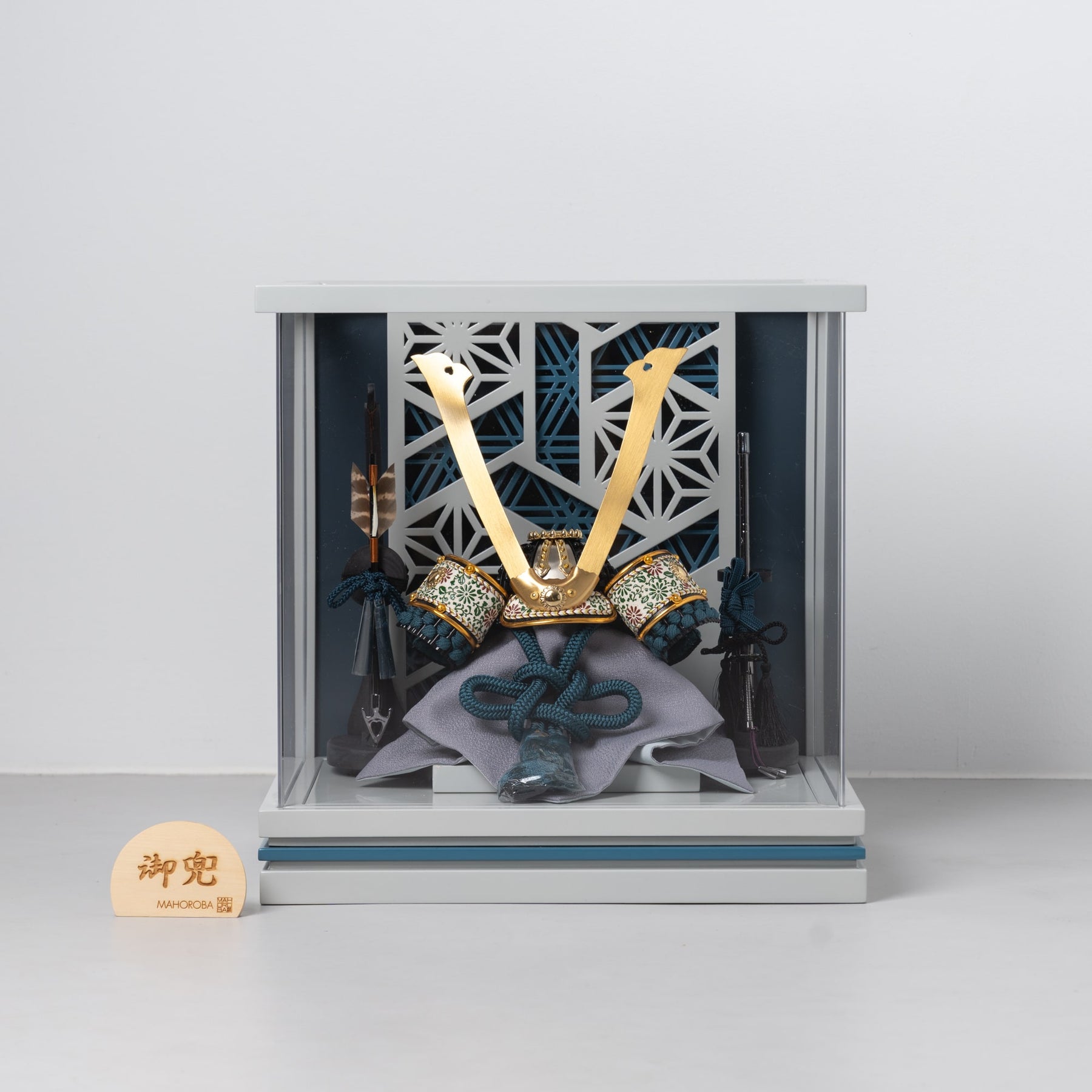 五月人形 千景 兜ケース グレー青 清秀作