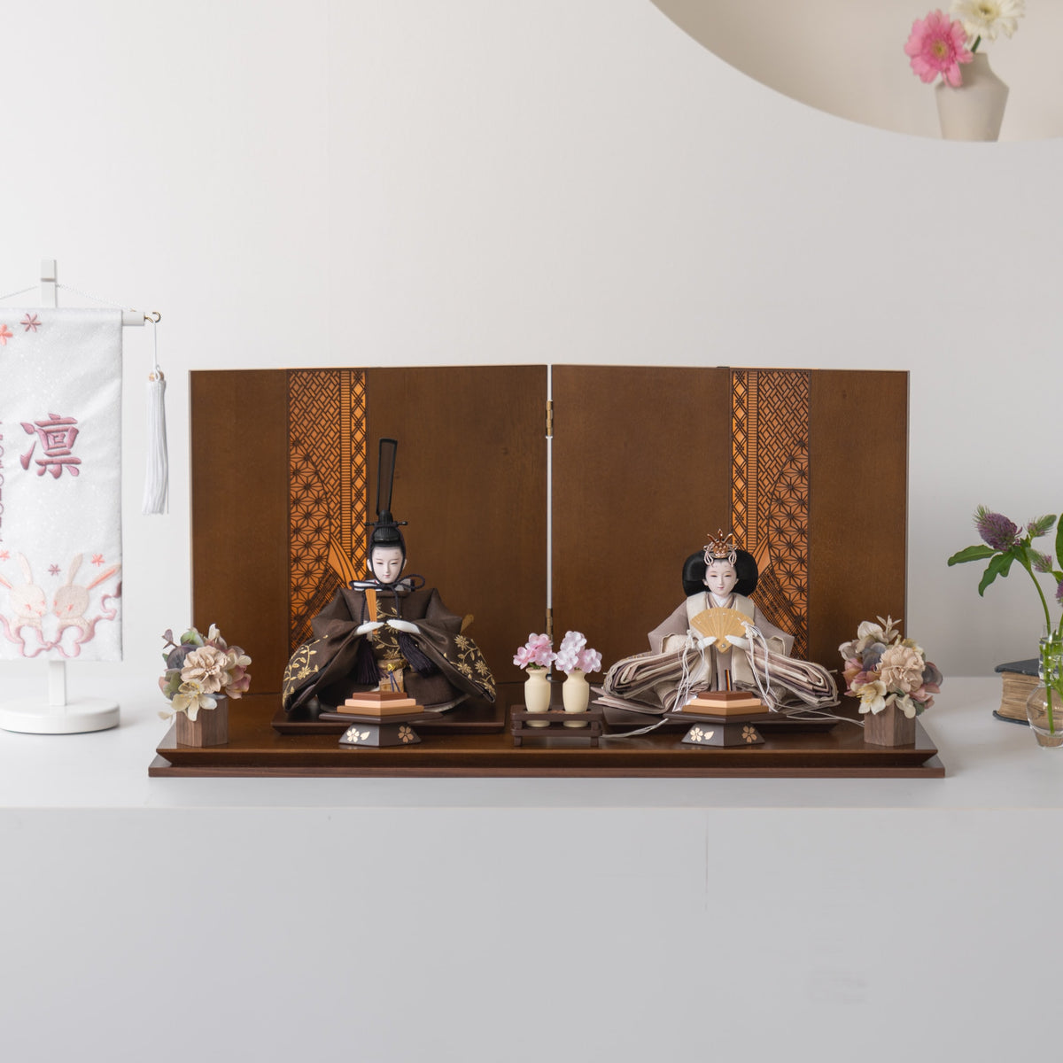 雛人形 煌彩平飾り ブラウン 平安道翠 ブラウン鶴花刺繍