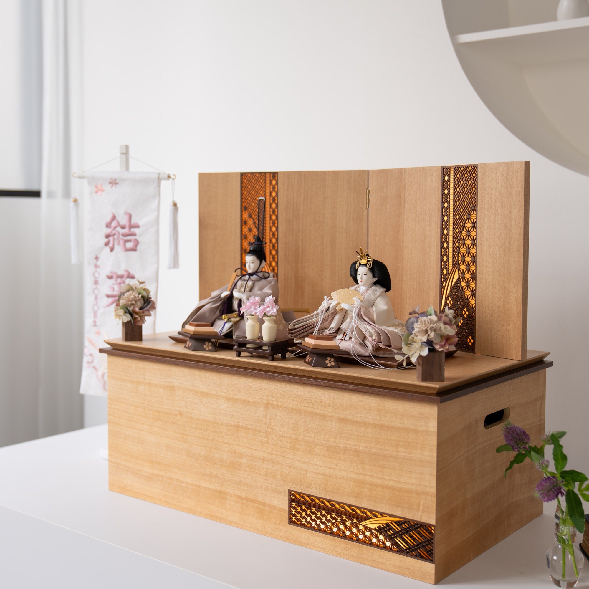 雛人形 煌彩収納飾り ナチュラル ライトグレー刺繍 平安道翠