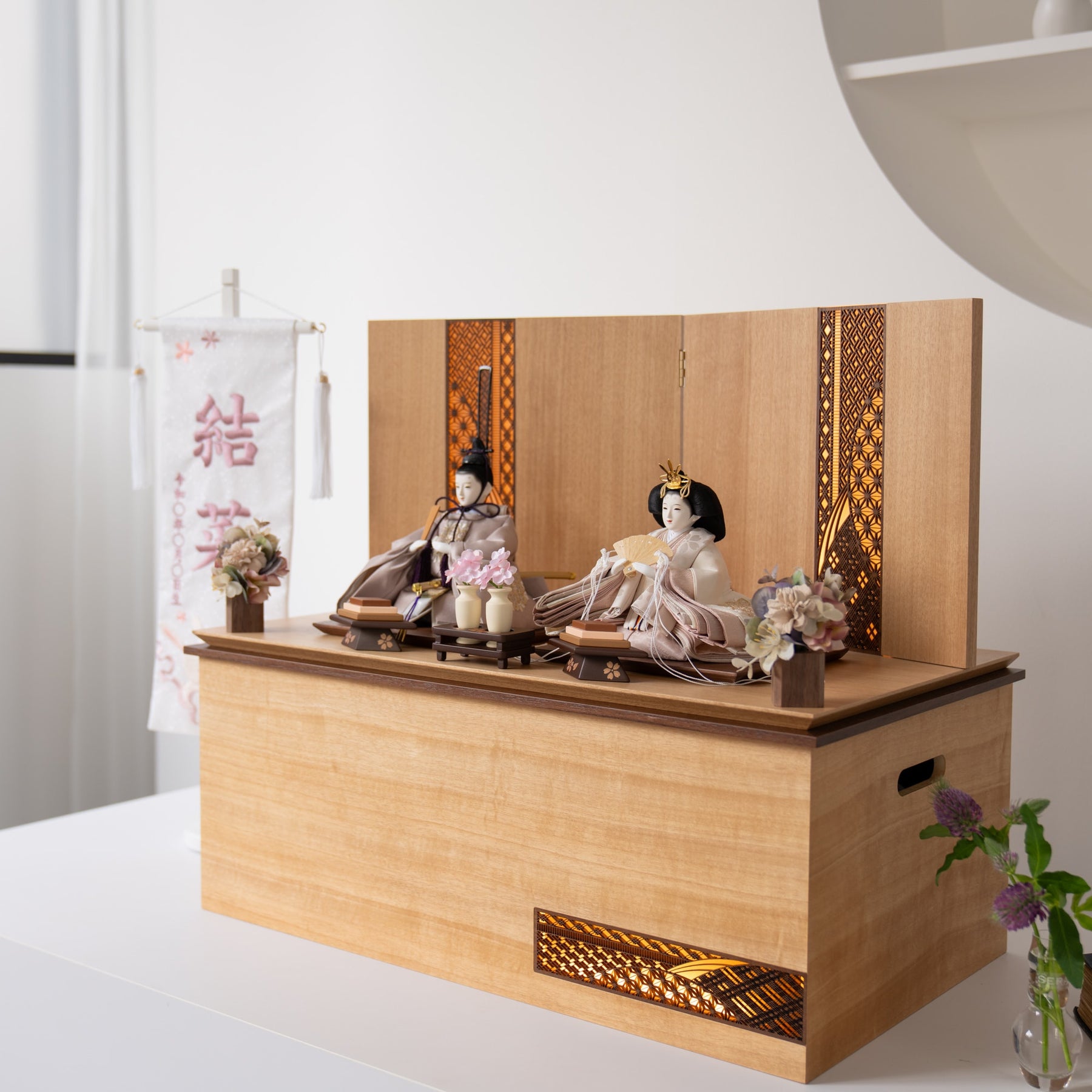 雛人形 煌彩収納飾り ナチュラル ライトグレー刺繍 平安道翠